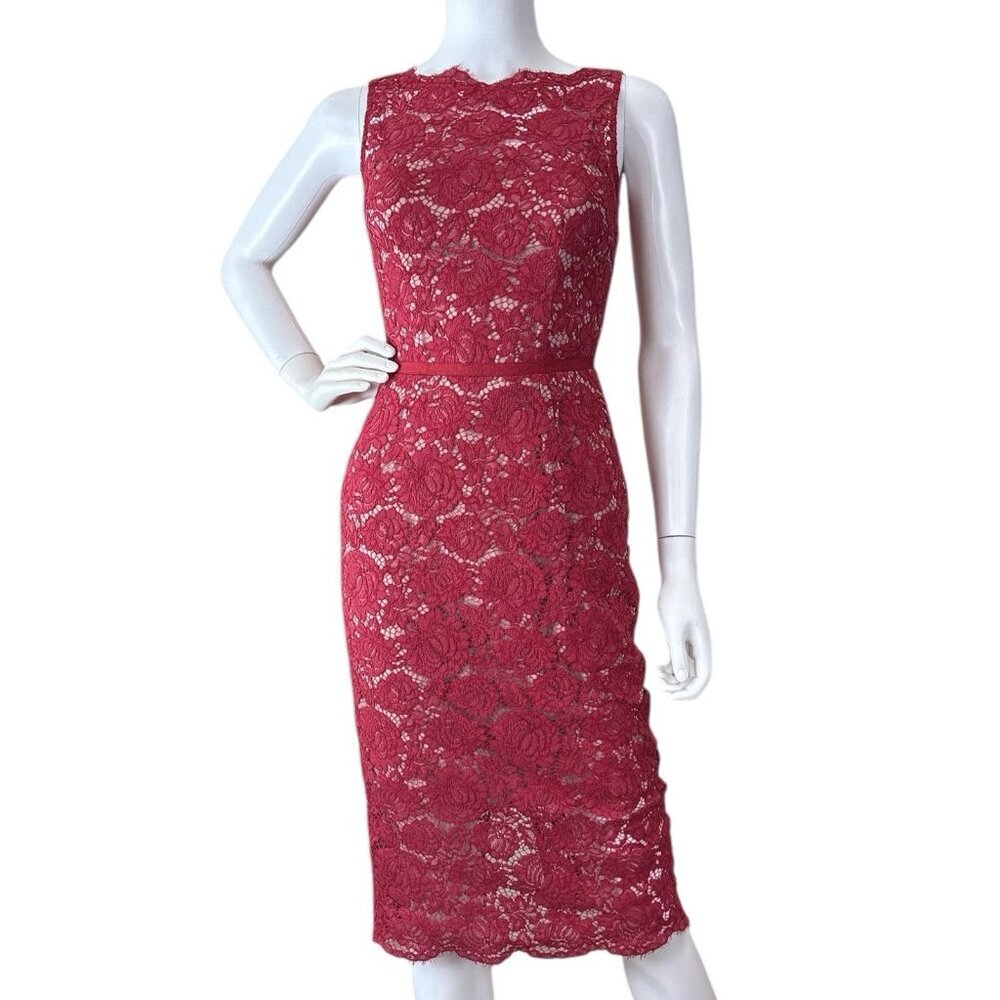 Nha Khanh Anna Lace Floral Sleeveless Cocktail Dress Red Beige Lined Size 0